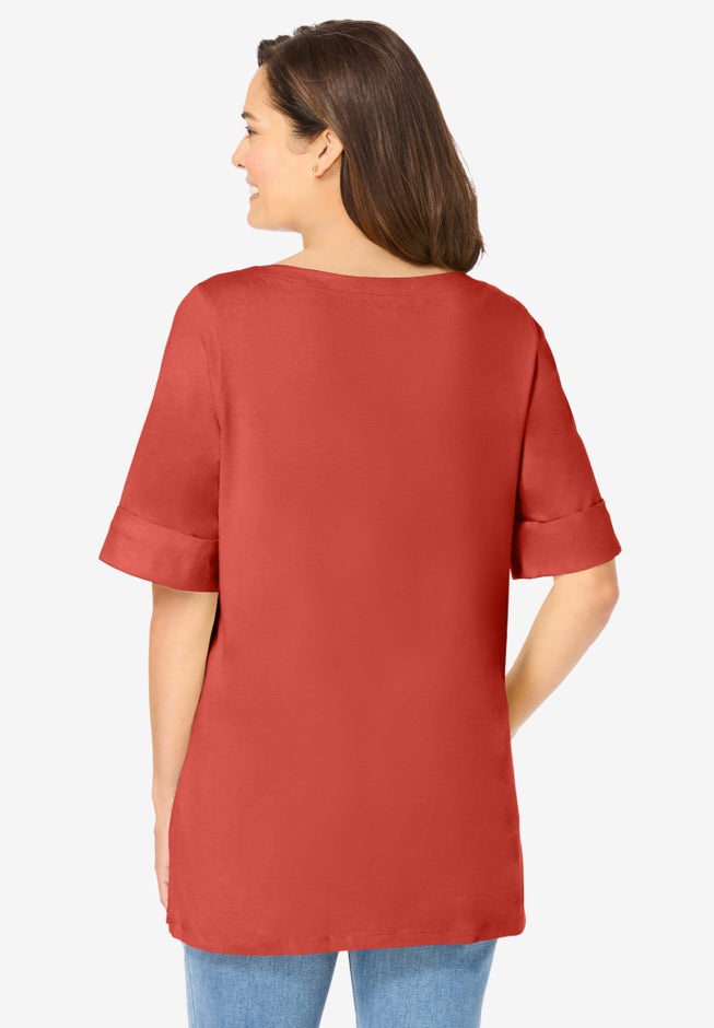 Perfect Cuffed Elbow-Sleeve Boat-Neck Tee image number 1