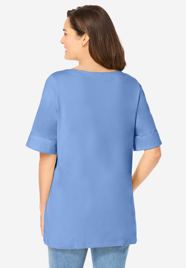 Perfect Cuffed Elbow-Sleeve Boat-Neck Tee image number 1