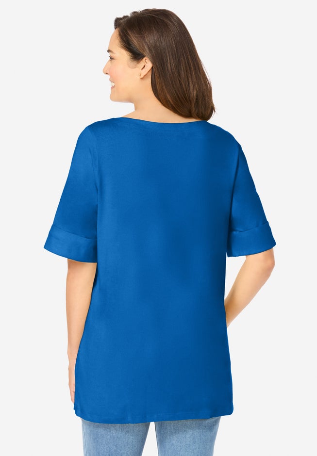 Perfect Cuffed Elbow-Sleeve Boat-Neck Tee image number 1