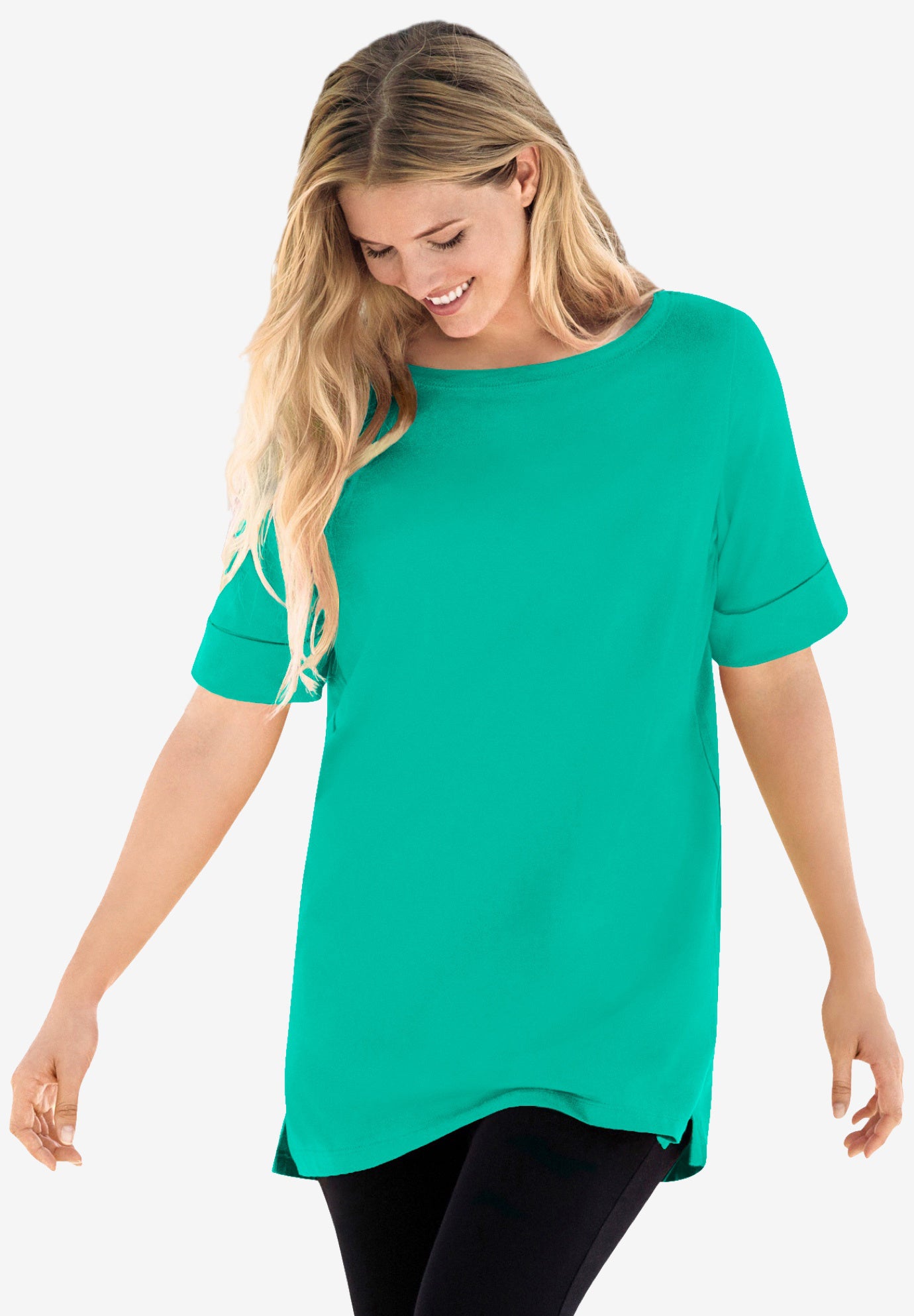 Perfect Cuffed Elbow-Sleeve Boat-Neck Tee image number 0