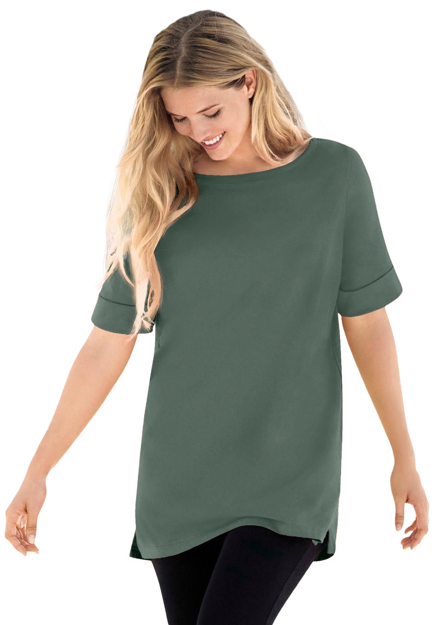 Perfect Cuffed Elbow-Sleeve Boat-Neck Tee image number 0