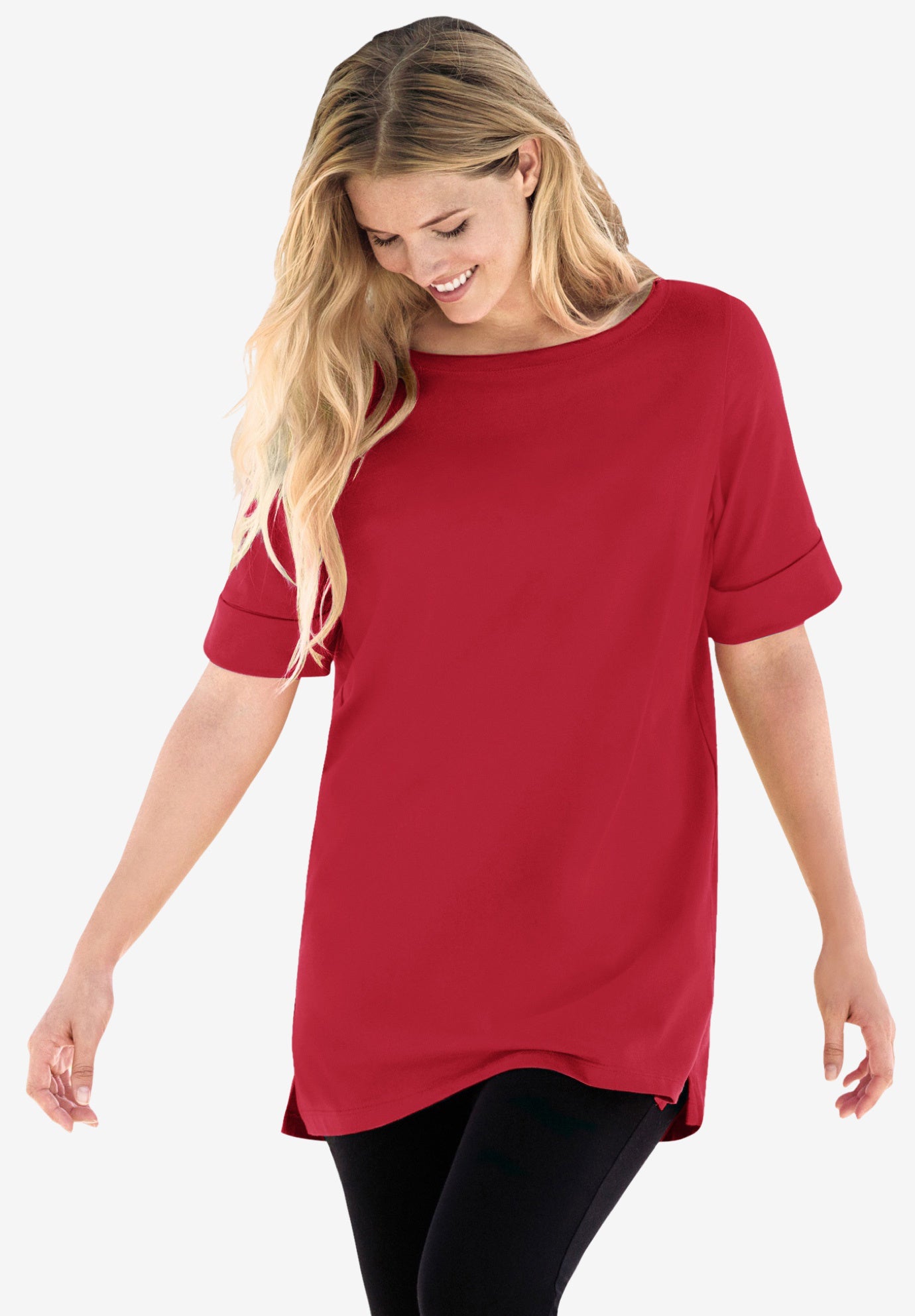 Perfect Cuffed Elbow-Sleeve Boat-Neck Tee image number 0