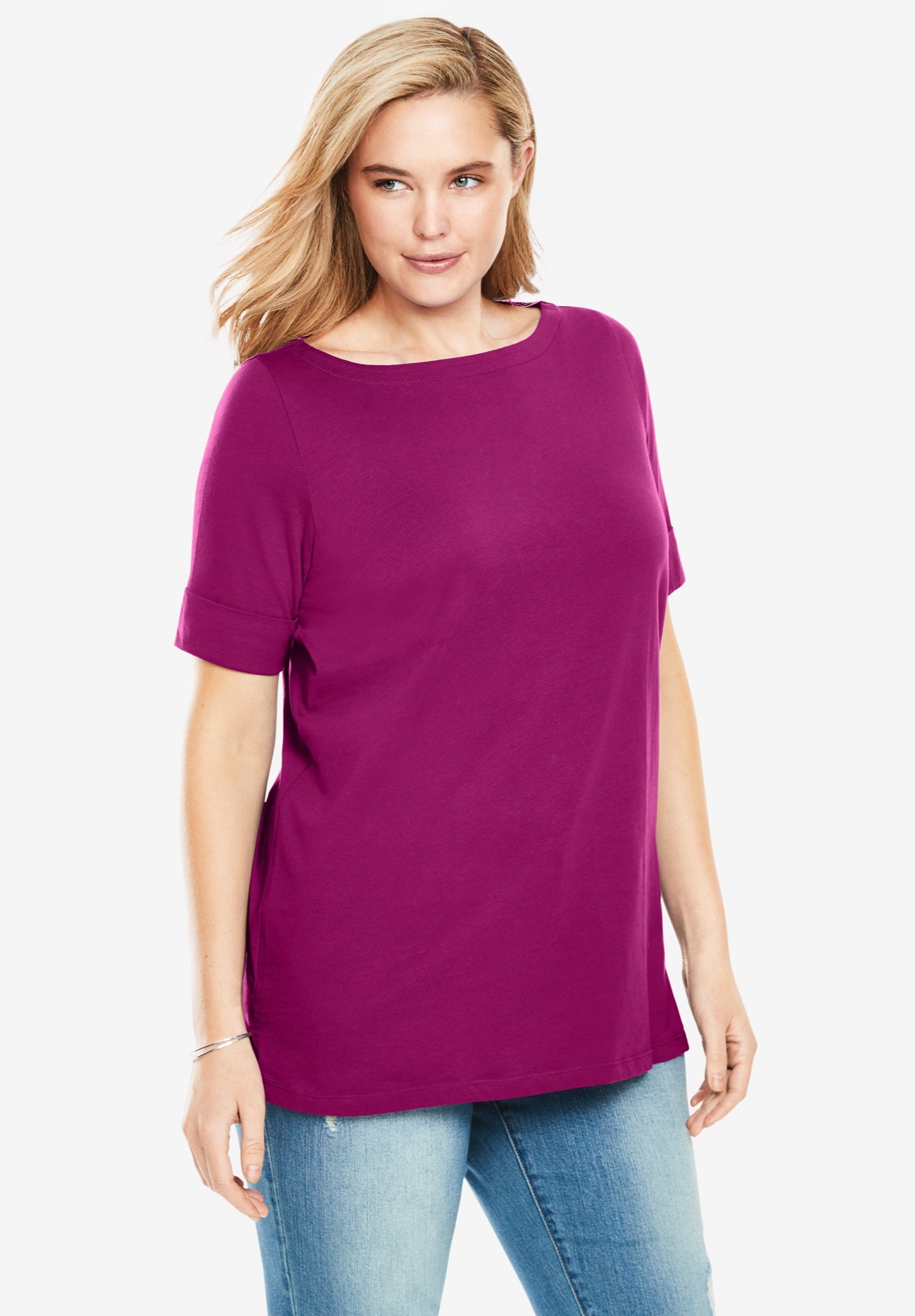 Perfect Cuffed Elbow-Sleeve Boat-Neck Tee image number 0