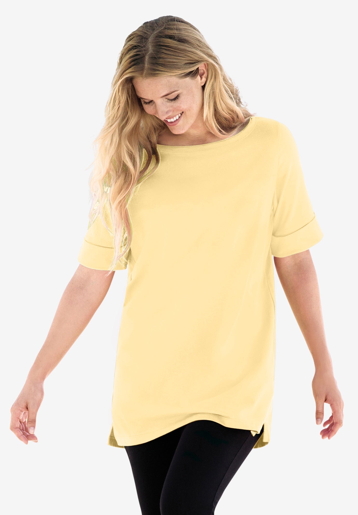 Perfect Cuffed Elbow-Sleeve Boat-Neck Tee image number 0