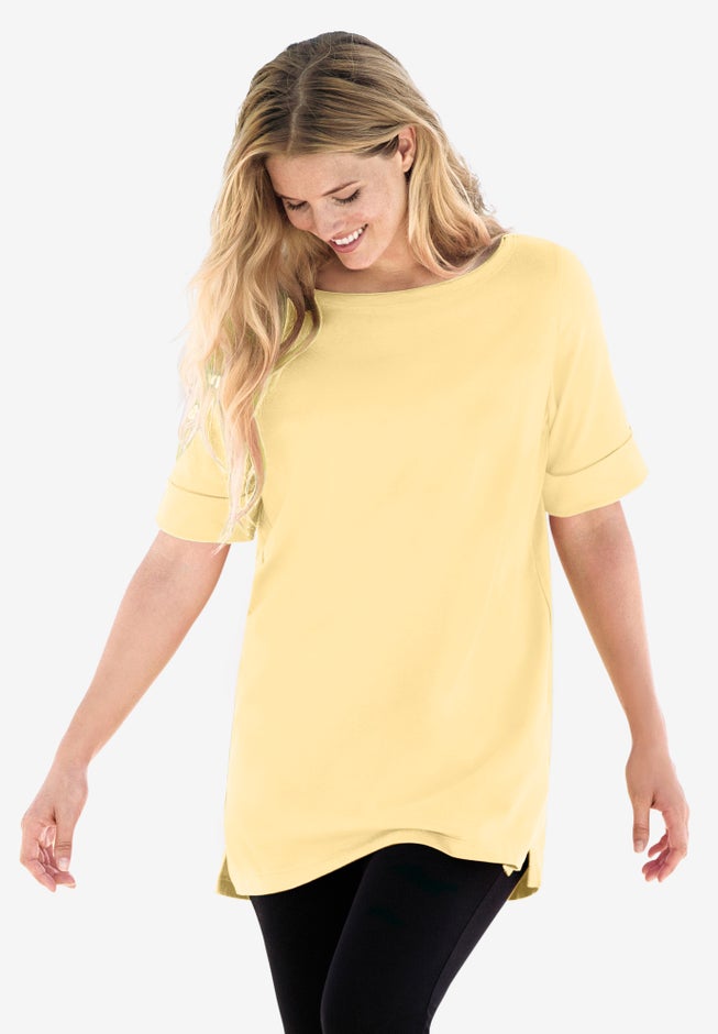 Perfect Cuffed Elbow-Sleeve Boat-Neck Tee image number 0
