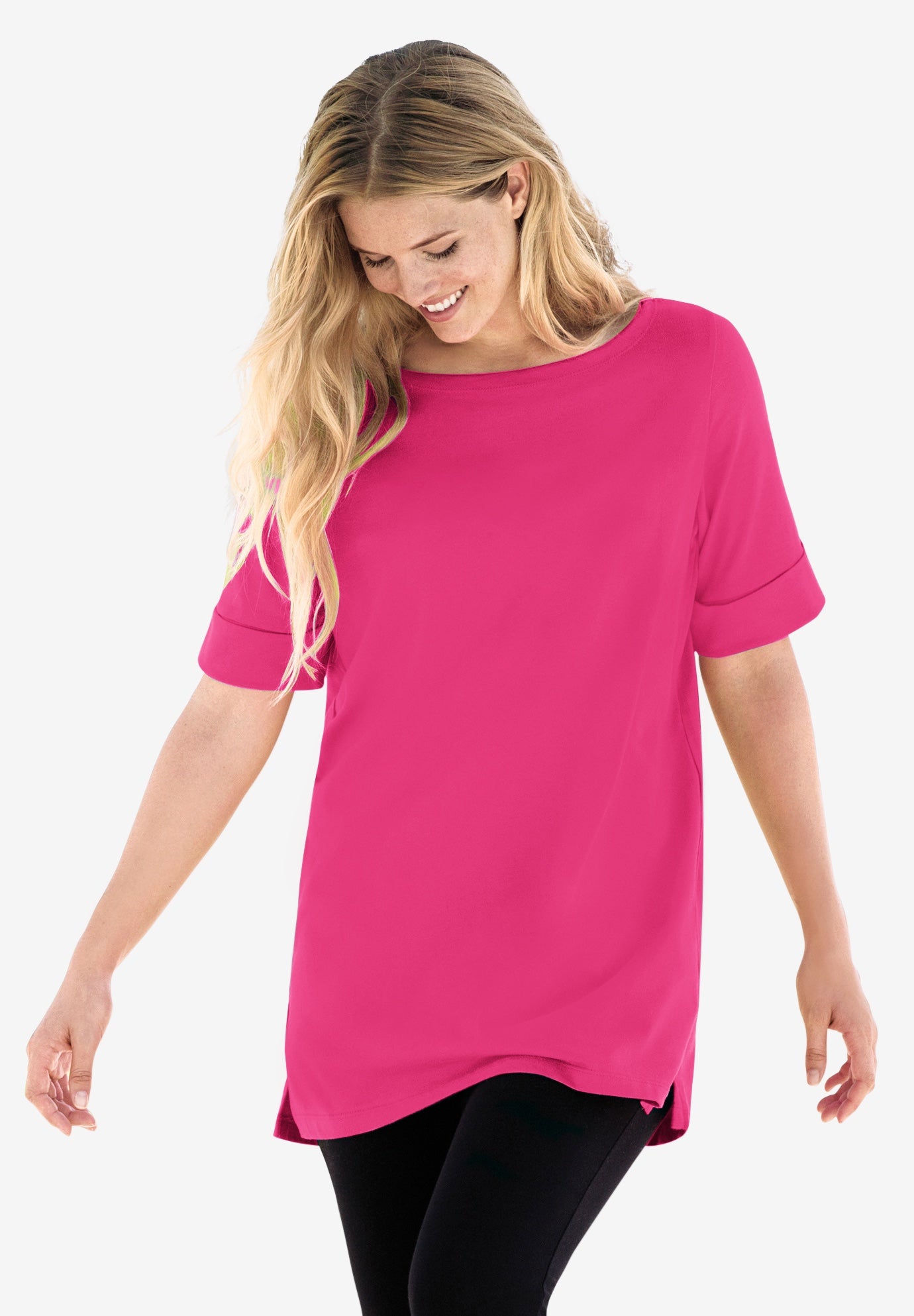 Perfect Cuffed Elbow-Sleeve Boat-Neck Tee image number 0