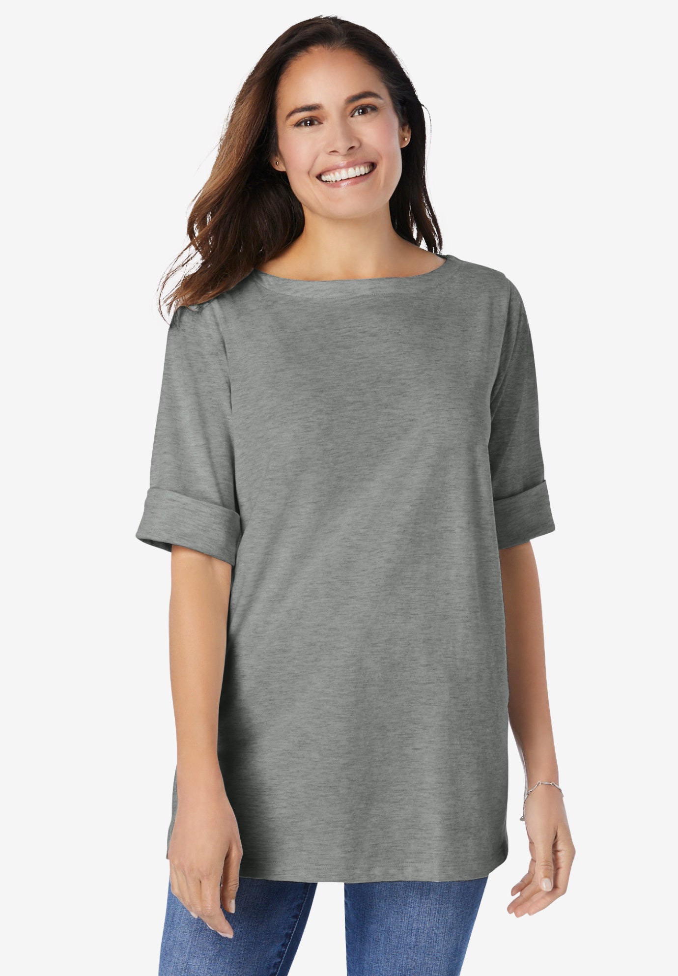 Perfect Cuffed Elbow-Sleeve Boat-Neck Tee image number 0