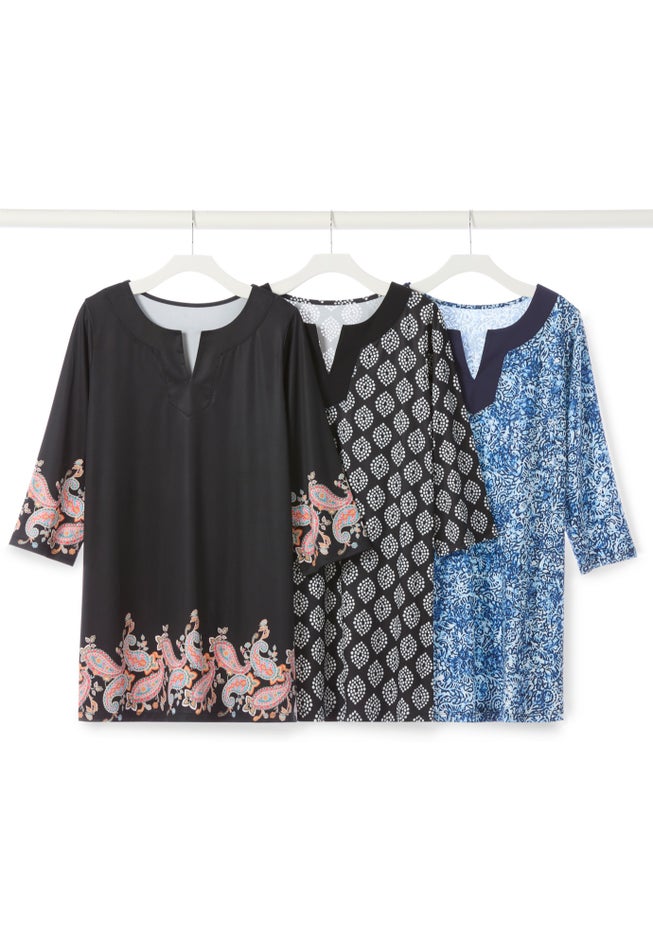 Contrast Notch-Neck Three-Quarter Sleeve Knit Tunic image number 1