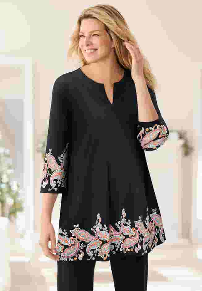 Contrast Notch-Neck Three-Quarter Sleeve Knit Tunic image number 0