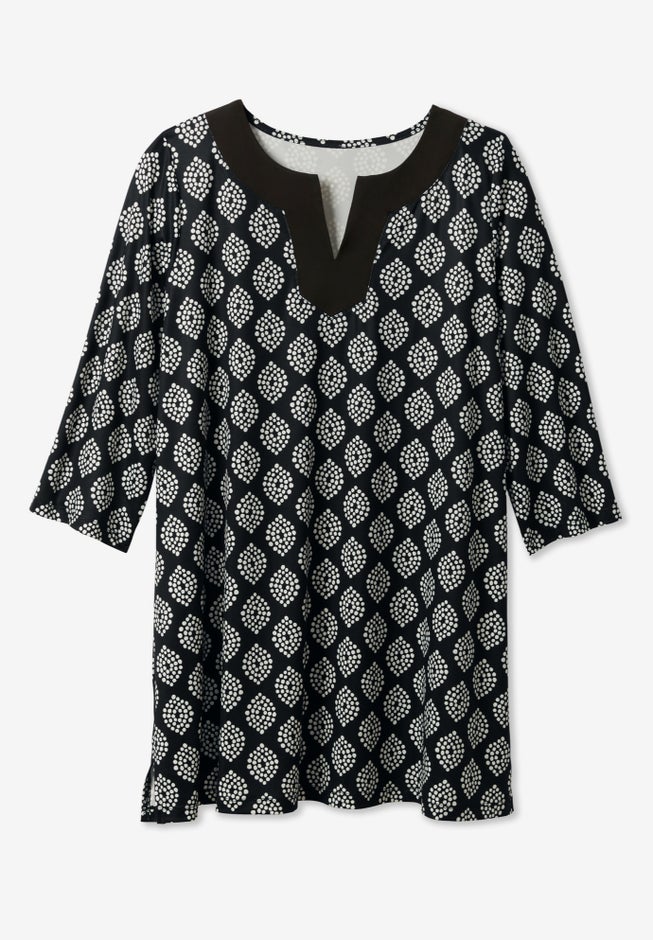Contrast Notch-Neck Three-Quarter Sleeve Knit Tunic image number 2