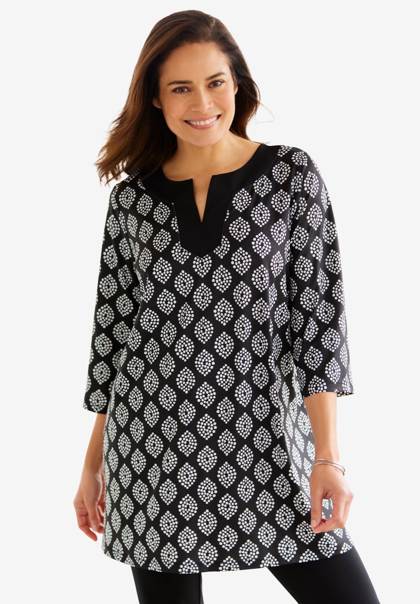 Contrast Notch-Neck Three-Quarter Sleeve Knit Tunic image number 0