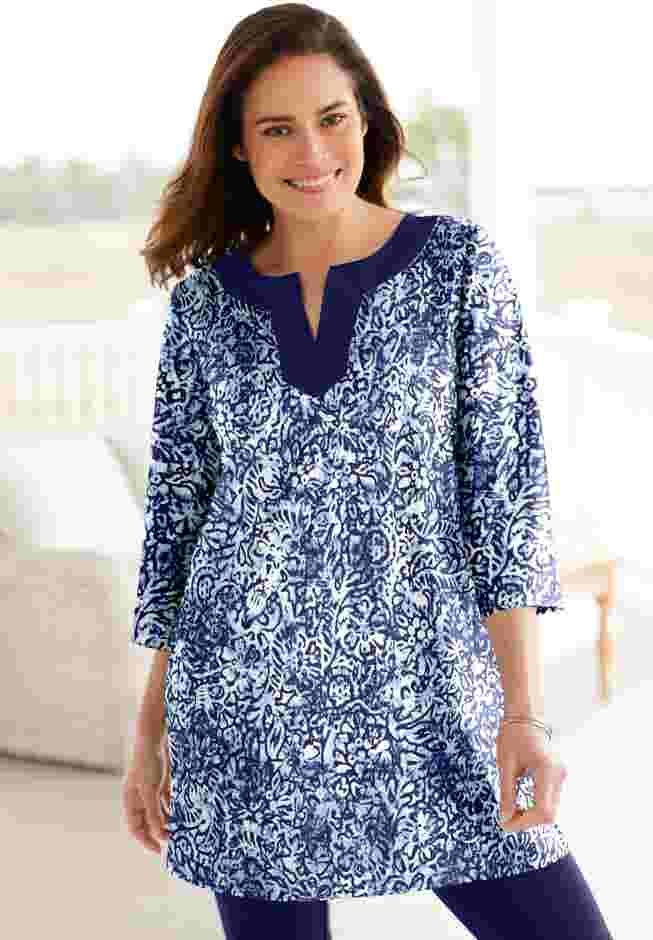 Contrast Notch-Neck Three-Quarter Sleeve Knit Tunic image number 0