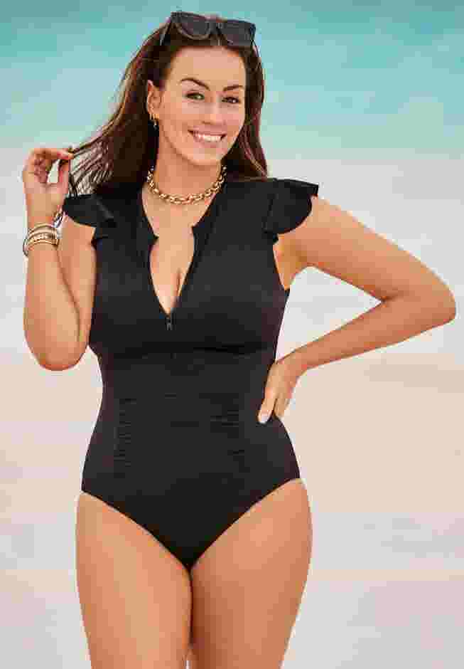 High Neck Zipper Cap Sleeve One Piece Swimsuit image number 0