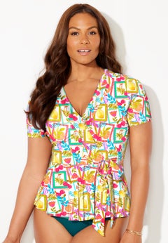 Short Sleeve Faux Wrap Tankini Top