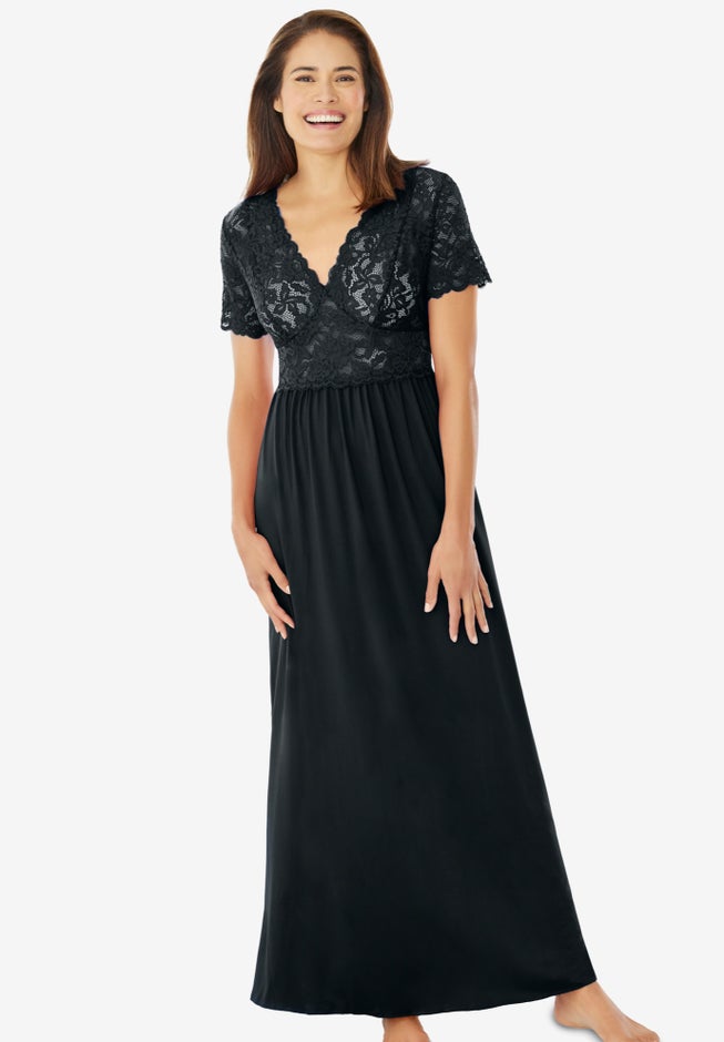 Long Lace Top Stretch Knit Gown image number 0