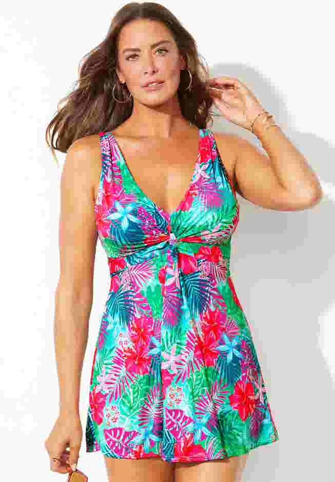 Twist Front V-Neck Swimdress image number 0