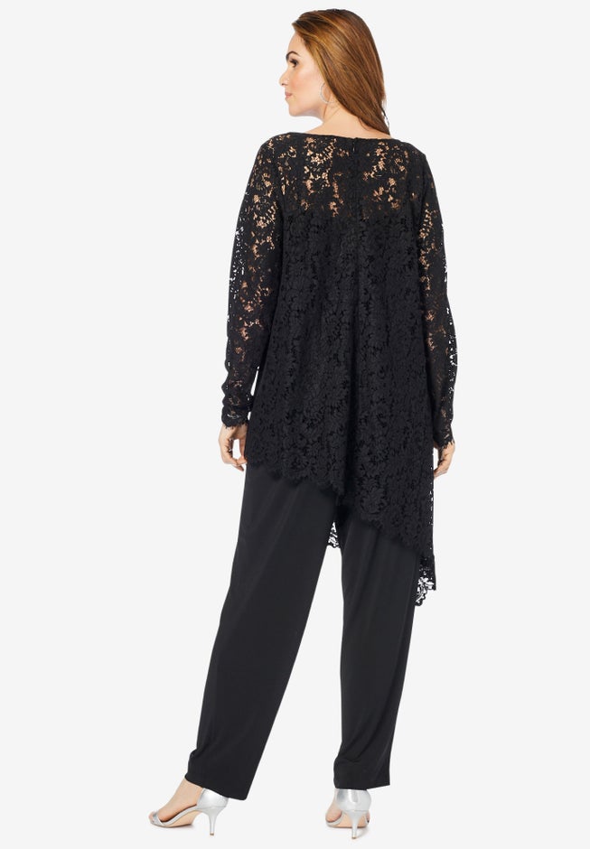 Plus-Size Asymmetrical Lace Pant Set –Long Sleeve Lace Scalloped Tunic & Elastic Waist Pants image number 1