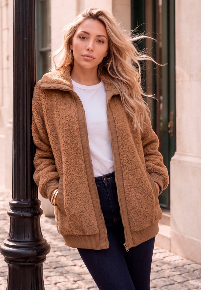 Plus Size High Collar Teddy Fleece Bomber image number 5
