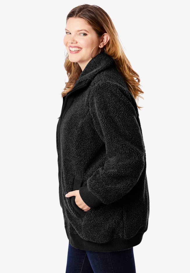 Plus Size High Collar Teddy Fleece Bomber image number 2