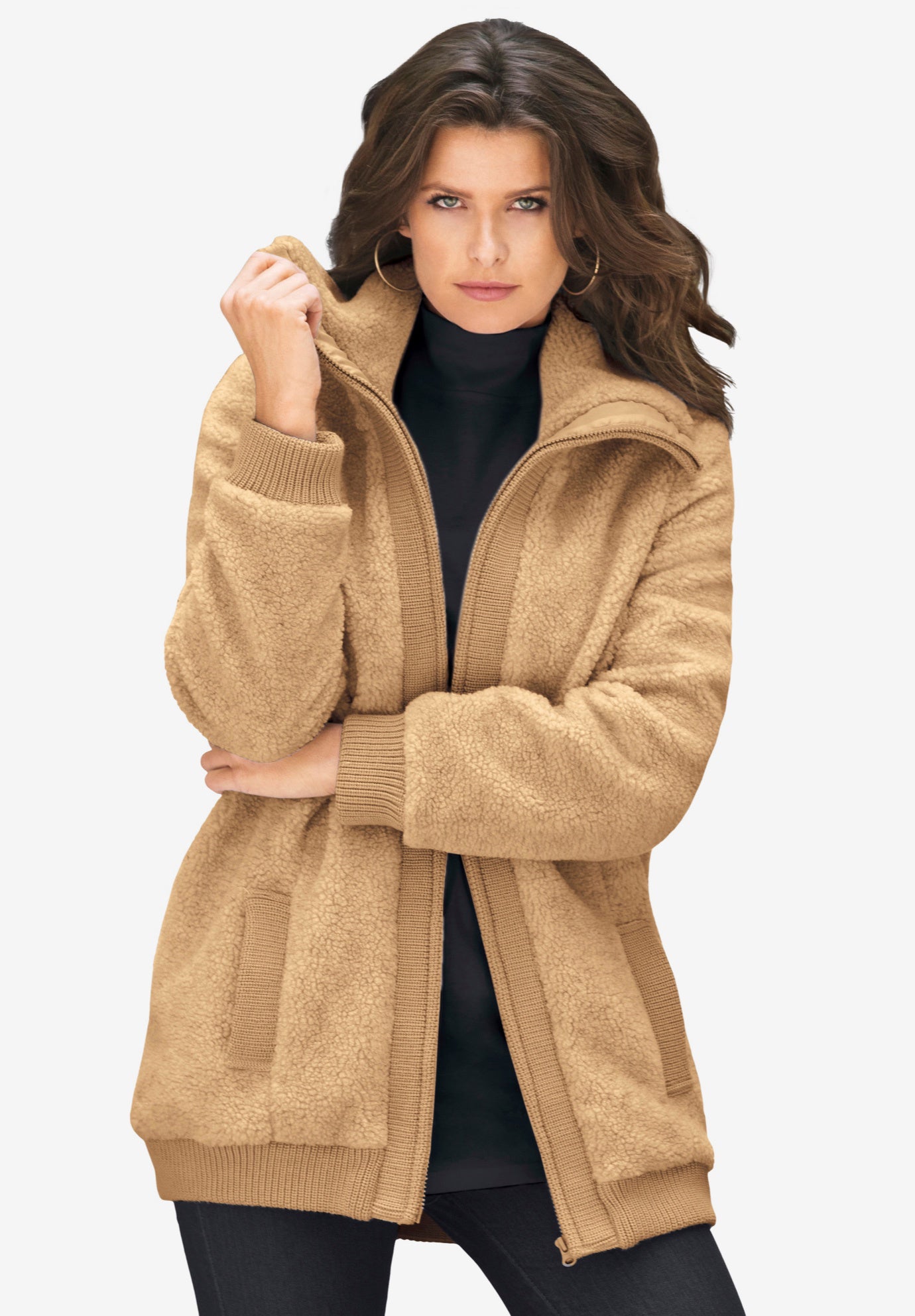 Plus Size High Collar Teddy Fleece Bomber image number 0