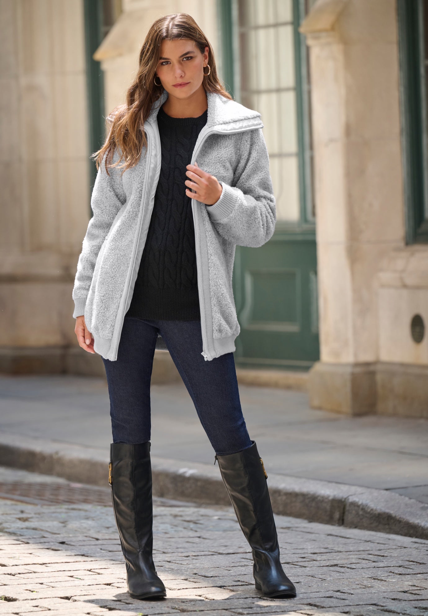 Plus Size High Collar Teddy Fleece Bomber image number 0