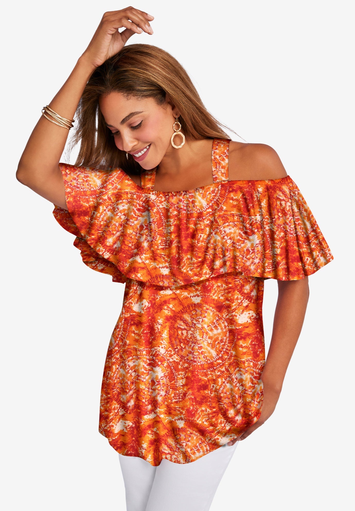 Stretch Knit Cold Shoulder Ruffle Tunic image number 0