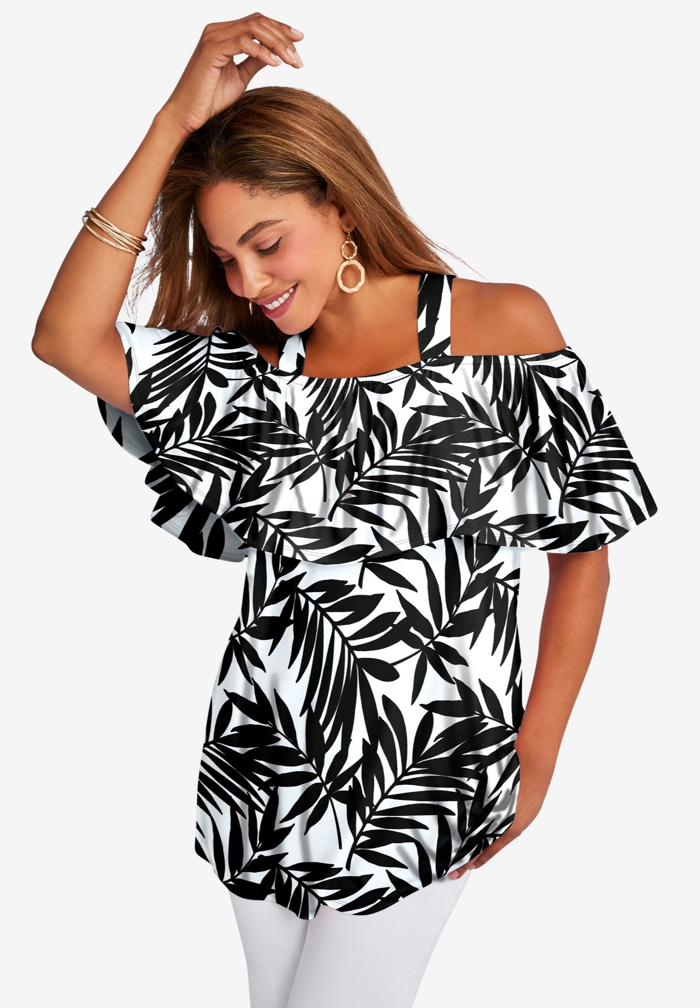 Stretch Knit Cold Shoulder Ruffle Tunic image number 0