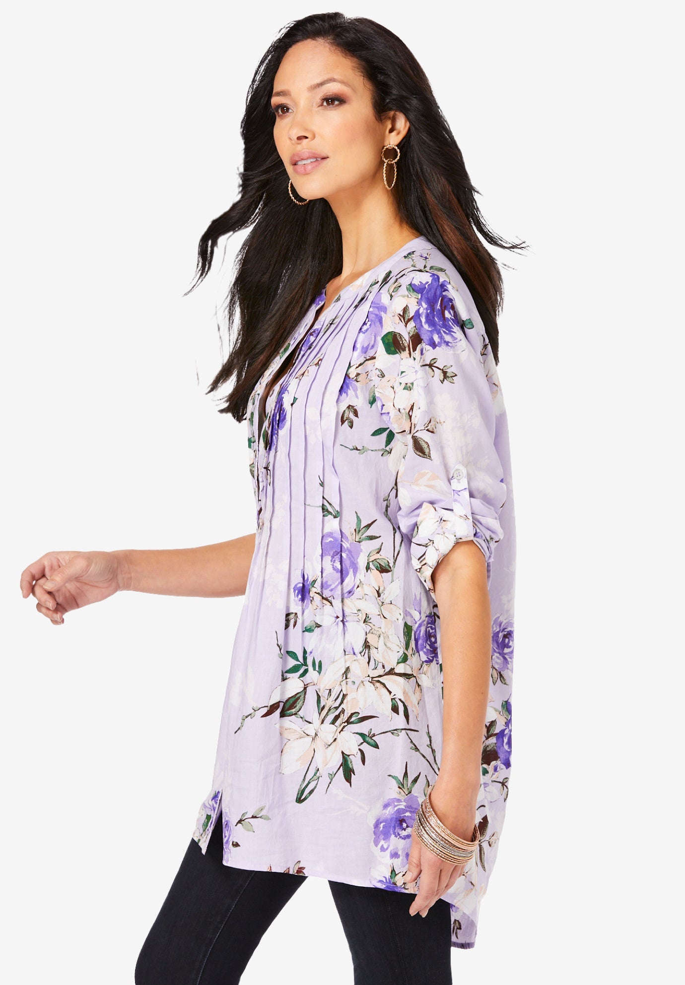 Plus Size Floral Y-Neck Pintuck Tunic &ndash; Adjustable Long Sleeve Button-Front, Relaxed Shirt Style image number 5