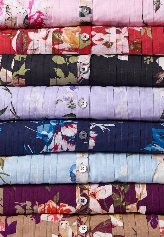 Plus Size Floral Y-Neck Pintuck Tunic &ndash; Adjustable Long Sleeve Button-Front, Relaxed Shirt Style image number 7