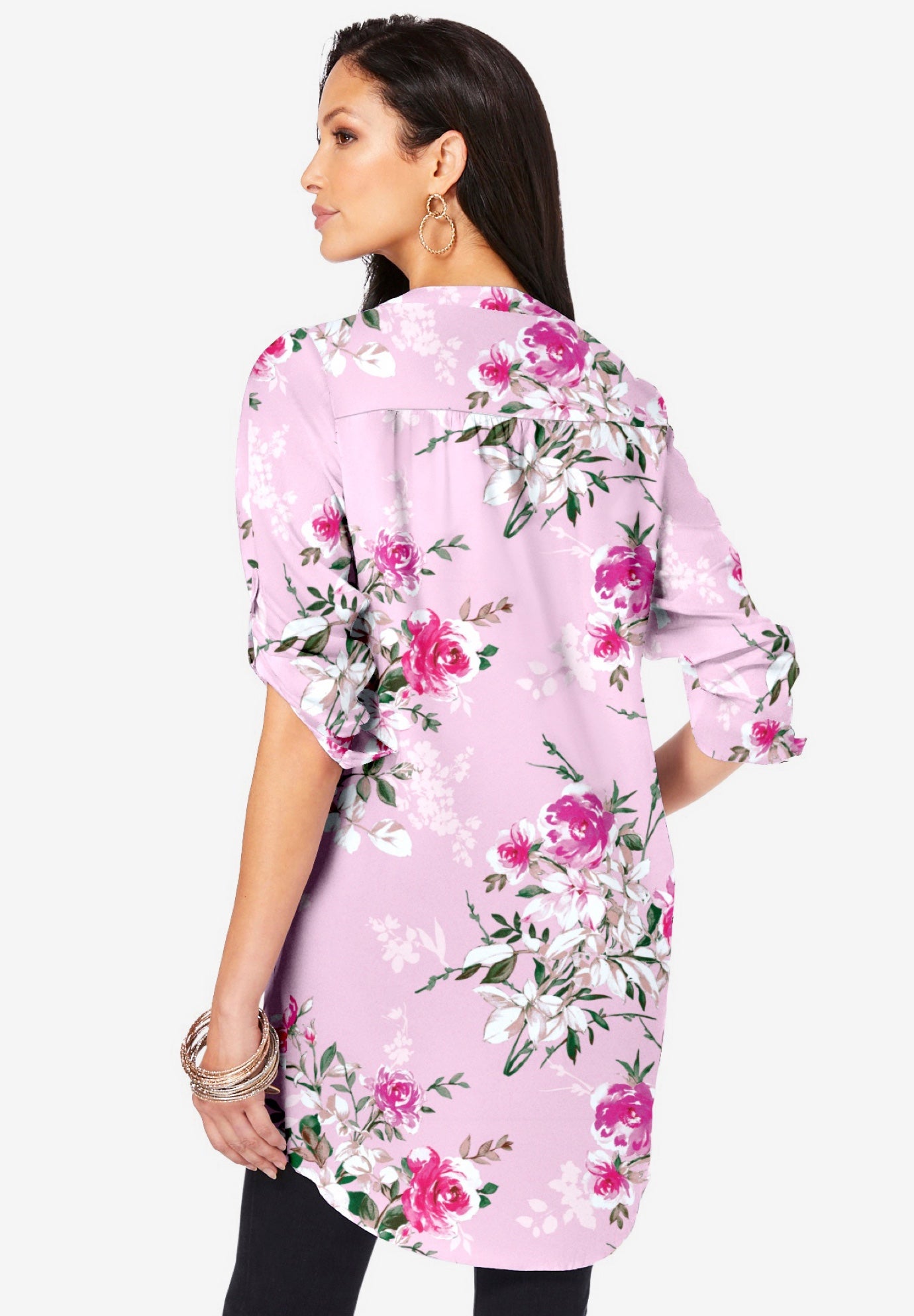 Plus Size Floral Y-Neck Pintuck Tunic &ndash; Adjustable Long Sleeve Button-Front, Relaxed Shirt Style image number 1