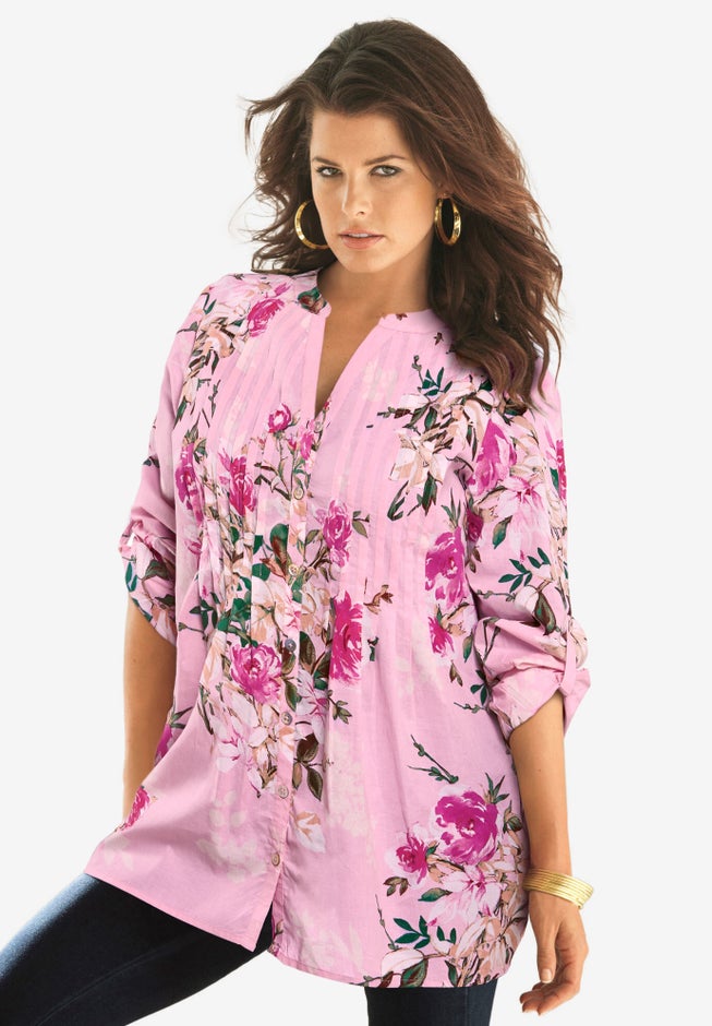 Plus Size Floral Y-Neck Pintuck Tunic &ndash; Adjustable Long Sleeve Button-Front, Relaxed Shirt Style image number 3