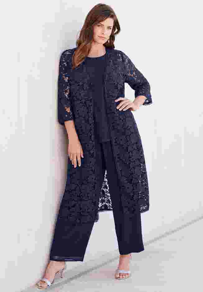 Plus Size Lace Duster & Pant Set – 2-Piece Dressy Outfit with Feminine Detail image number 0