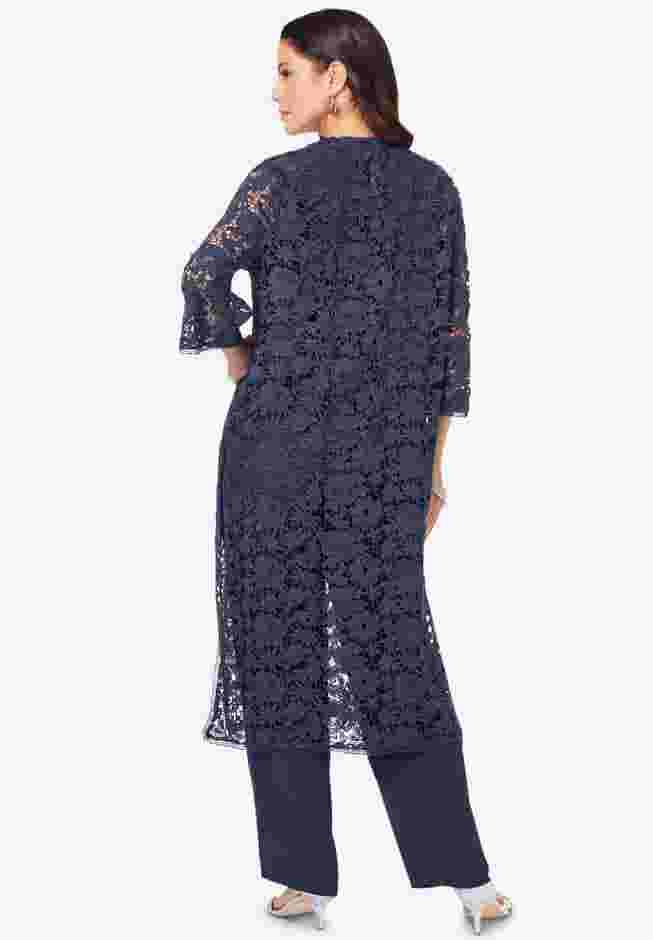 Plus Size Lace Duster & Pant Set – 2-Piece Dressy Outfit with Feminine Detail image number 1