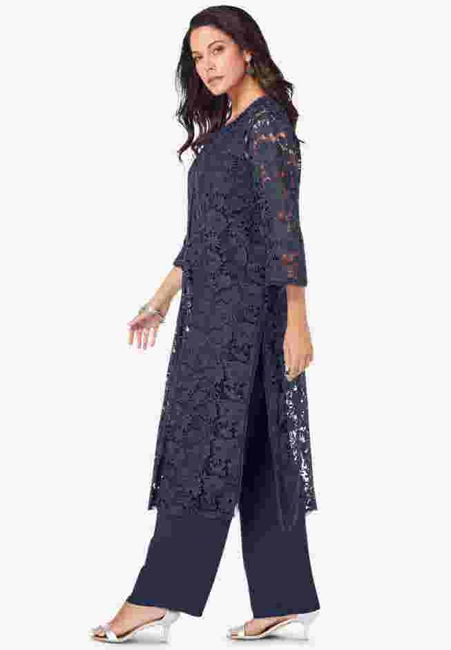 Plus Size Lace Duster & Pant Set – 2-Piece Dressy Outfit with Feminine Detail image number 2