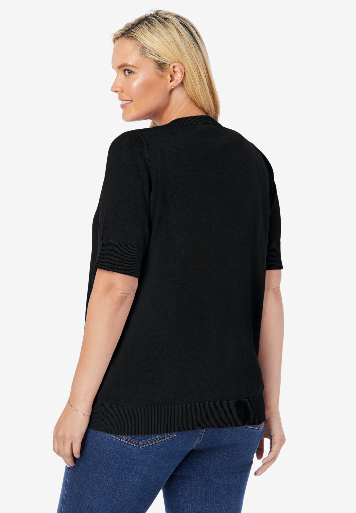 Elbow-Length Button-Front Cardigan Cotton, Black | Woman Within