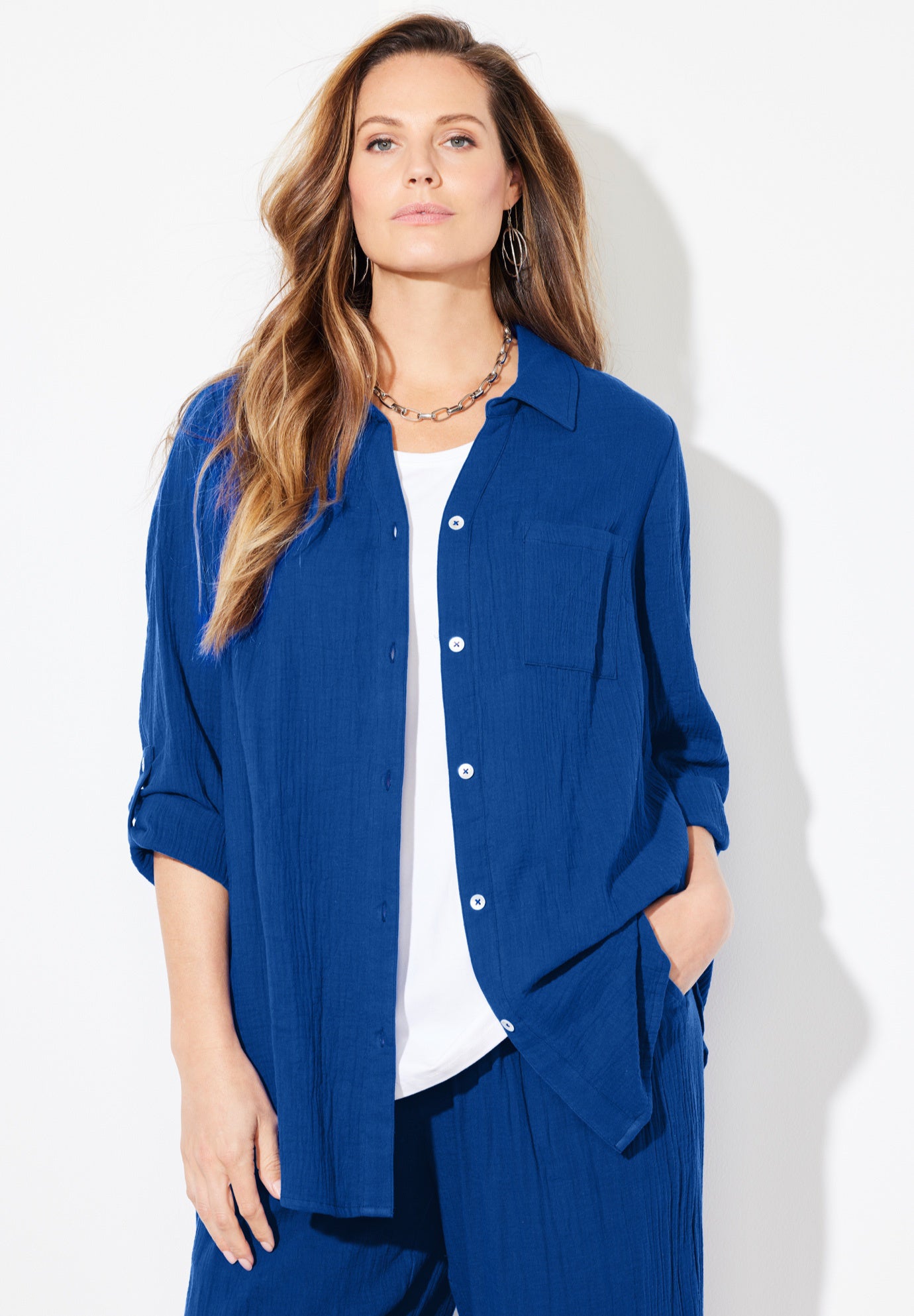 AnyWear Pucker Cotton Buttonfront Roll Tab Shirt image number 3