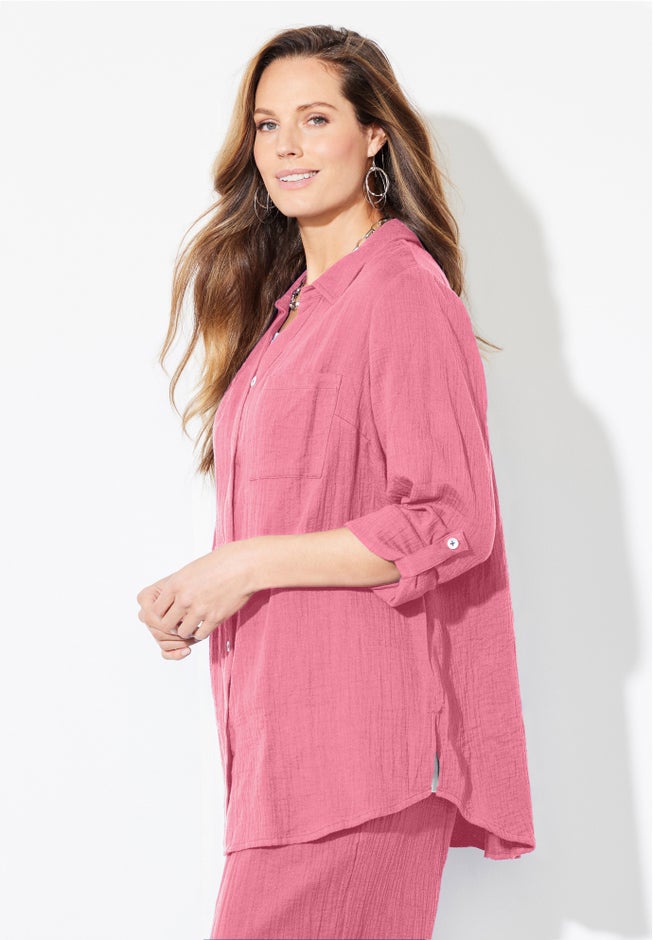 AnyWear Pucker Cotton Buttonfront Roll Tab Shirt image number 2