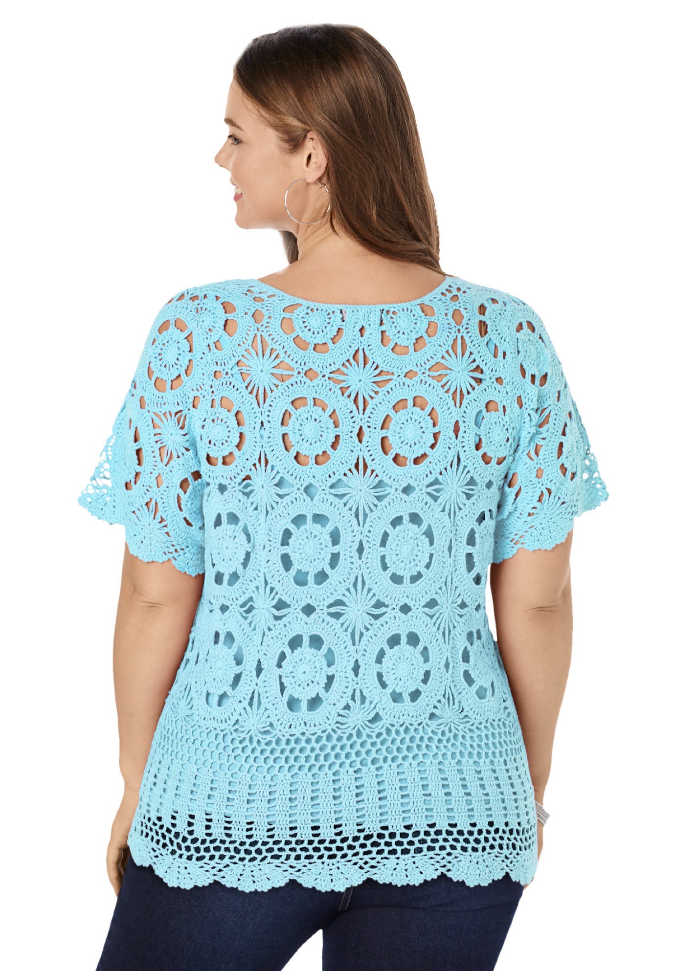 Plus Size Medallion Pattern French Crochet Sweater Top image number 1