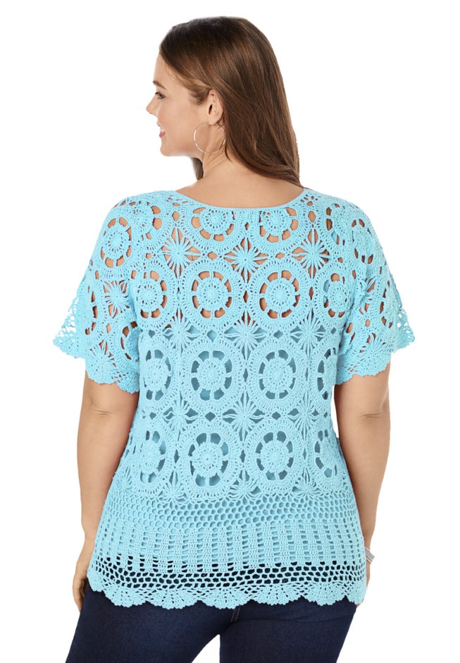 Plus Size Medallion Pattern French Crochet Sweater Top image number 1