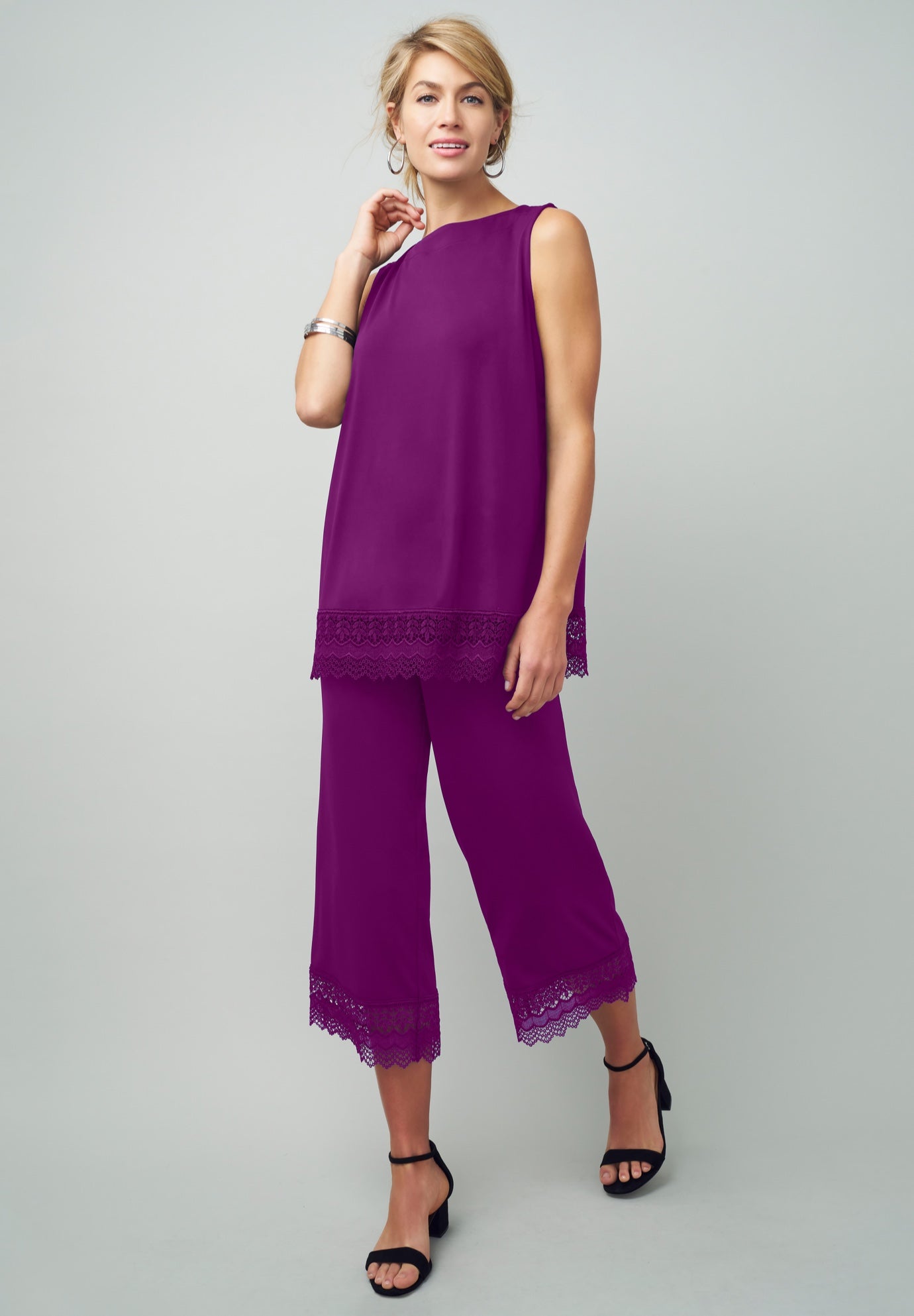 2-Piece Stretch Knit Lace Trim Crop Set image number 0