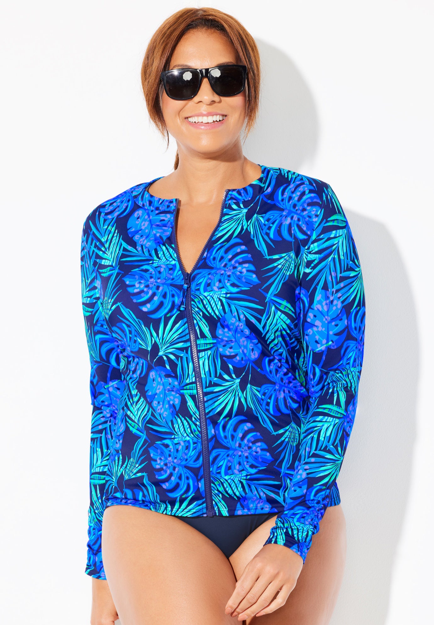 Chlorine Resistant Zip Up Swim Shirt Rash Guard image number 0