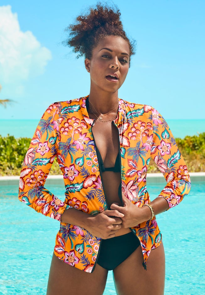 Chlorine Resistant Zip Up Swim Shirt Rash Guard image number 0