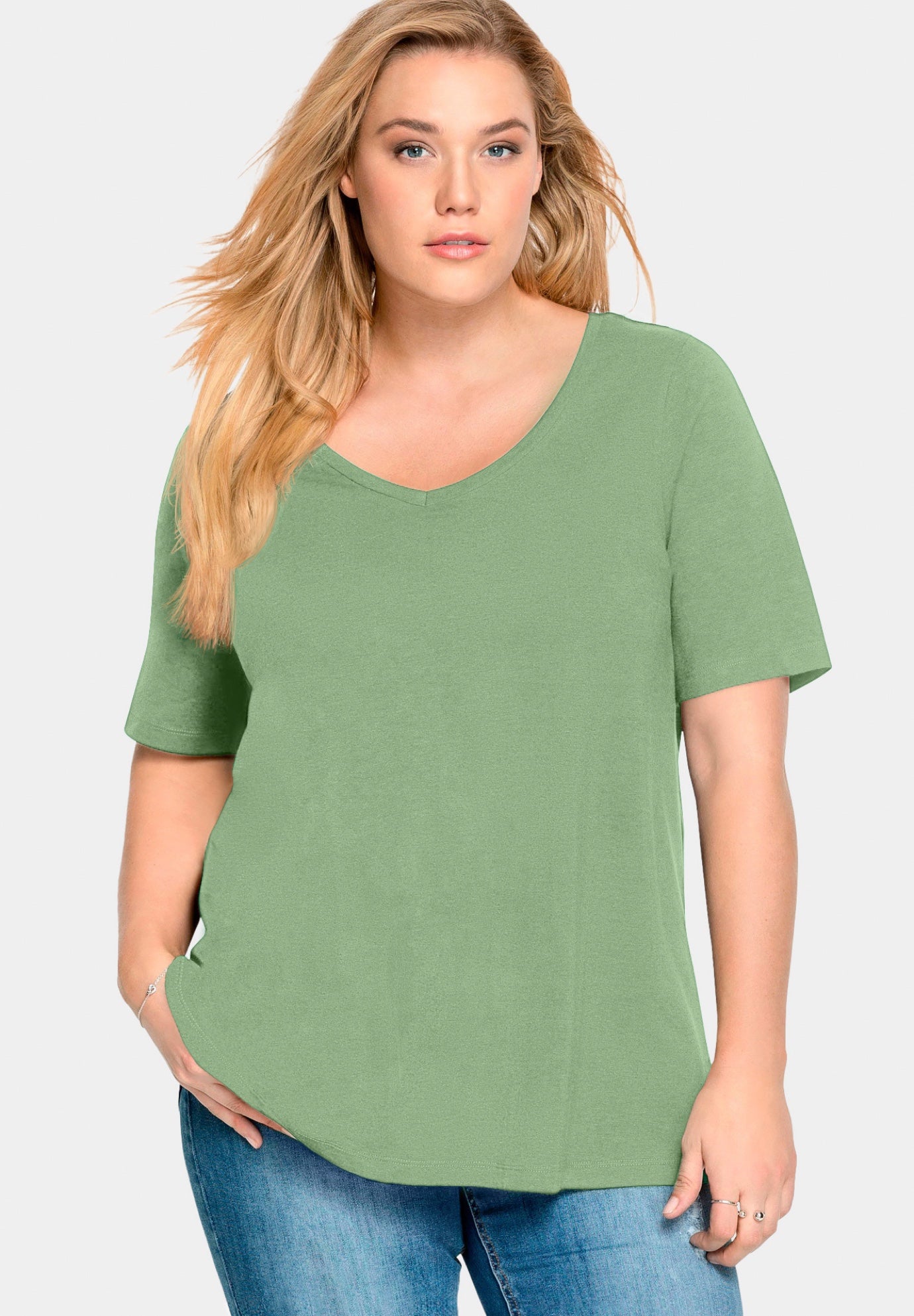 Stretch Knit V-neck Short Sleeve Tunic image number 0