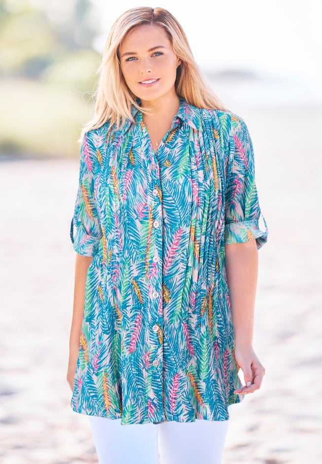 Pintucked Button Down Gauze Shirt image number 5