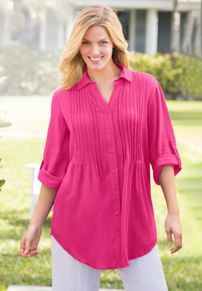 Pintucked Button Down Gauze Shirt image number 0