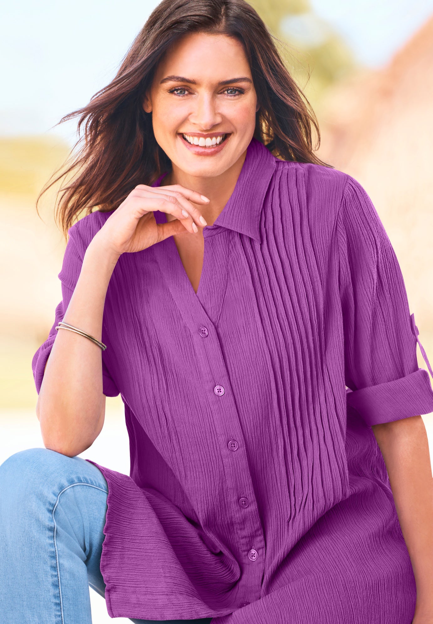 Pintucked Button Down Gauze Shirt image number 4