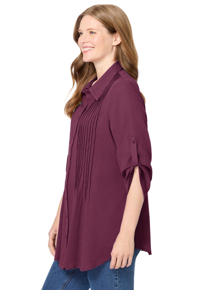 Pintucked Button Down Gauze Shirt image number 2