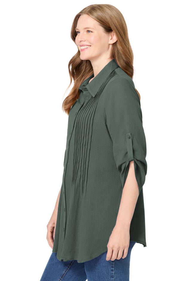 Pintucked Button Down Gauze Shirt image number 2