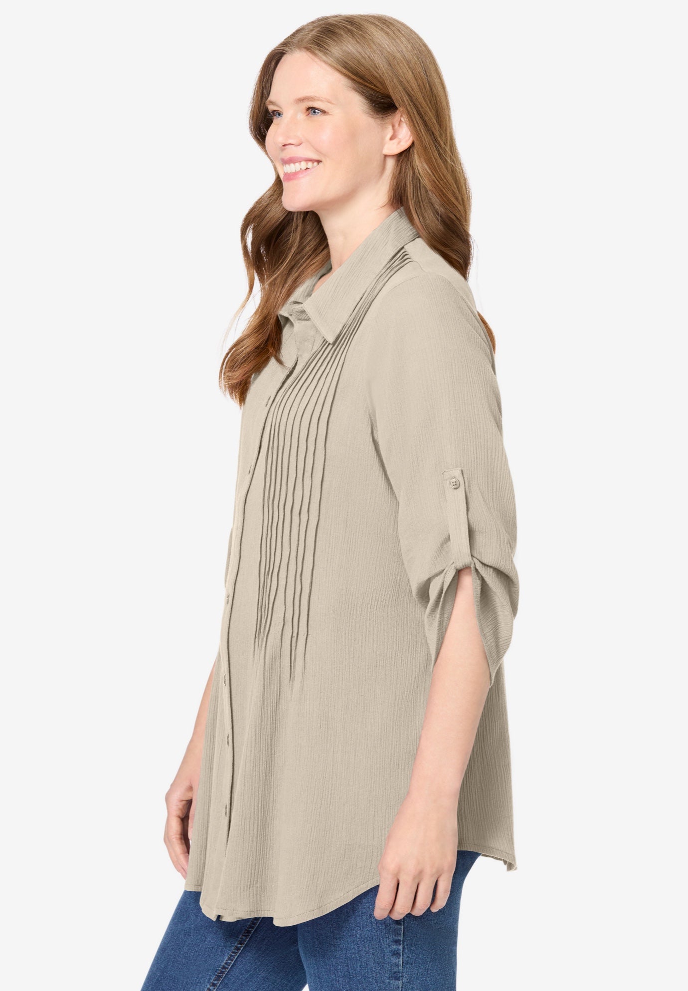 Pintucked Button Down Gauze Shirt image number 2