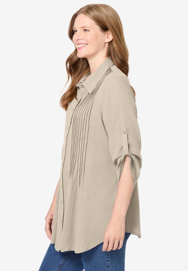 Pintucked Button Down Gauze Shirt image number 2